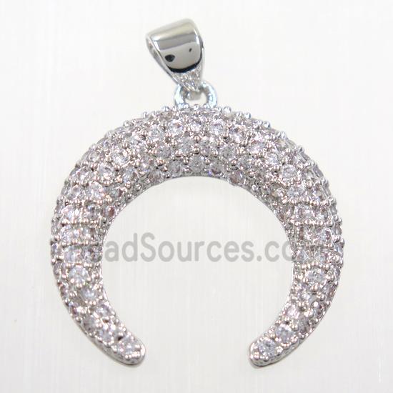 copper crescent pendant paved zircon, platinum plated