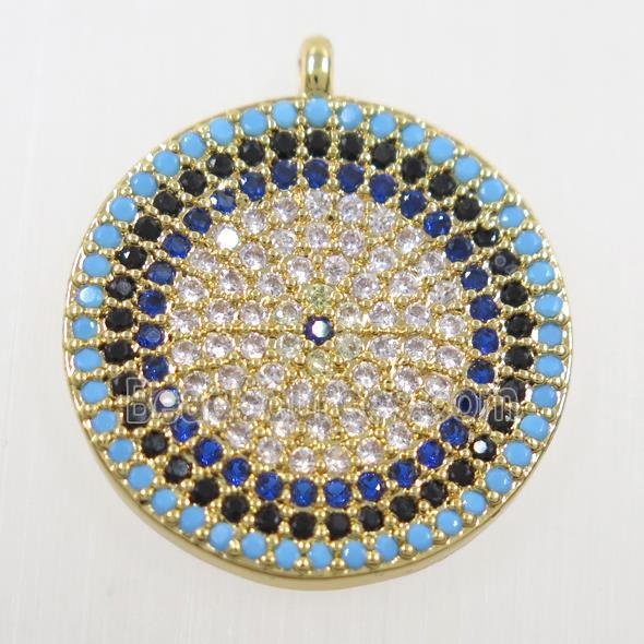 copper button circle pendant paved zircon, gold plated