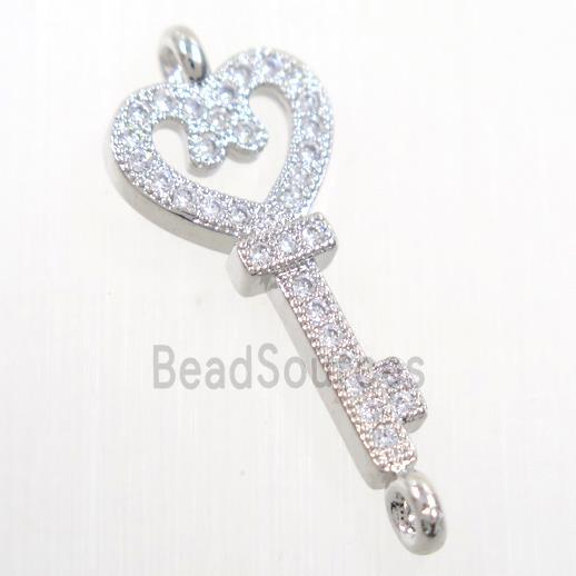 copper Key connector paved zircon, platinum plated