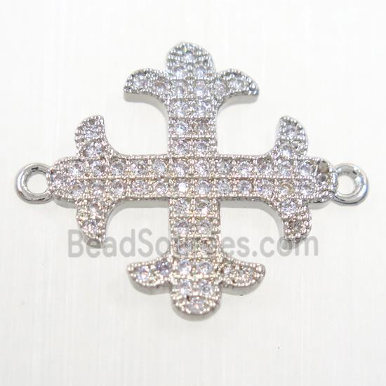 copper Cross connector paved zircon, platinum plated