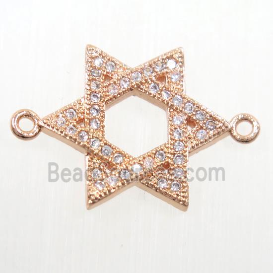 copper david star connector paved zircon, rose gold