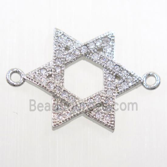 copper david star connector paved zircon, platinum plated