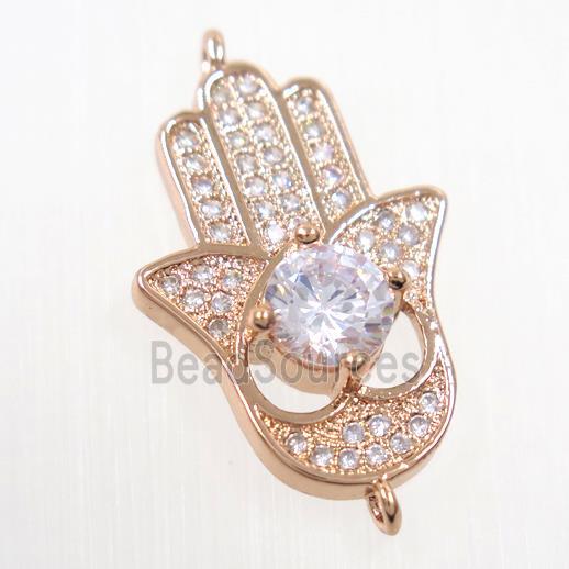 copper HamsaHand connector paved zircon, rose gold