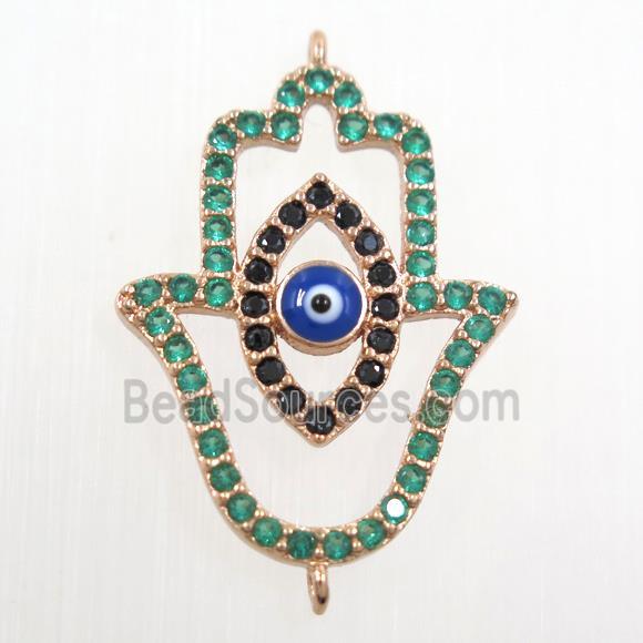 copper HamsaHand connector paved green zircon, evil eye, rose gold