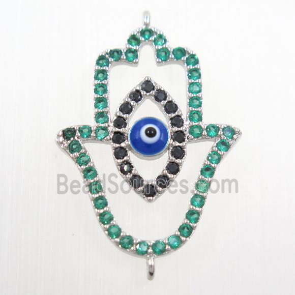 copper HamsaHand connector paved green zircon, evil eye, platinum plated