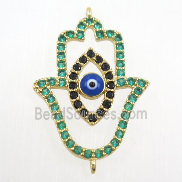 copper HamsaHand connector paved green zircon, evil eye, gold plated