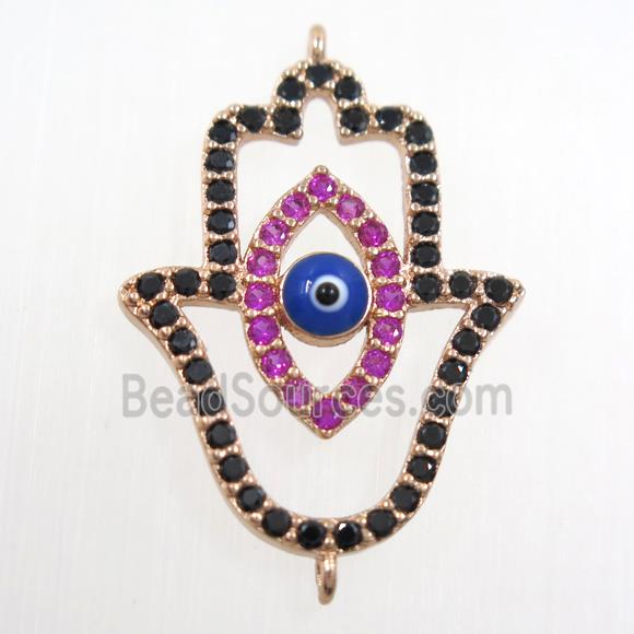 copper HamsaHand connector paved zircon, evil eye, rose gold