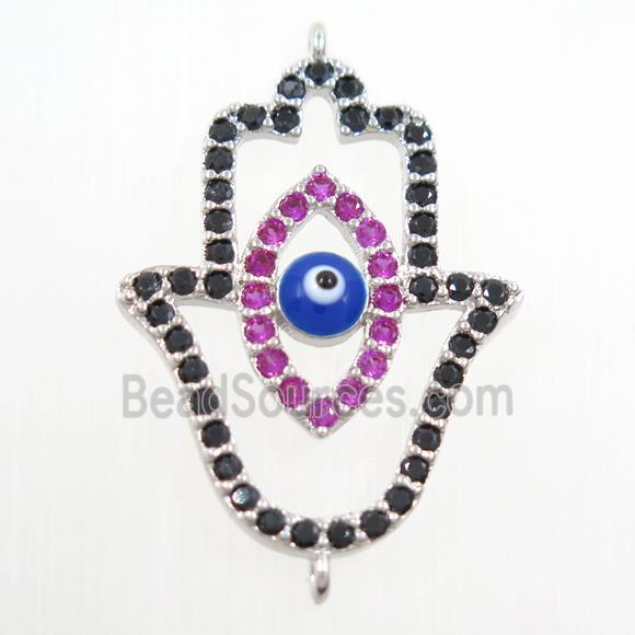 copper HamsaHand connector paved zircon, evil eye, platinum plated