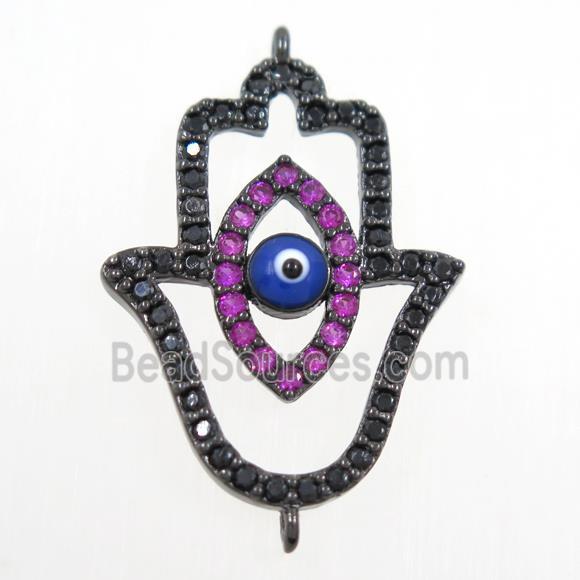 copper HamsaHand connector paved zircon, evil eye, black plated