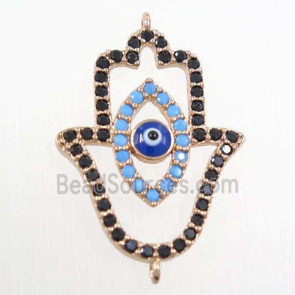 copper HamsaHand connector paved zircon, evil eye, rose gold