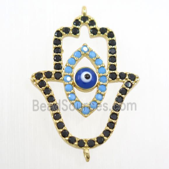 copper HamsaHand connector paved zircon, evil eye, gold plated