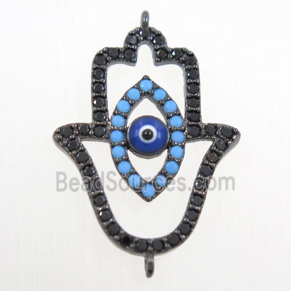 copper HamsaHand connector paved zircon, evil eye, black plated