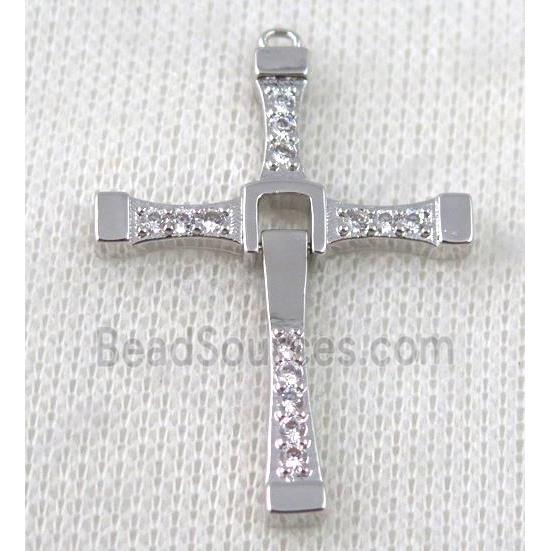 copper pendant pave zircon, cross, platinum plated