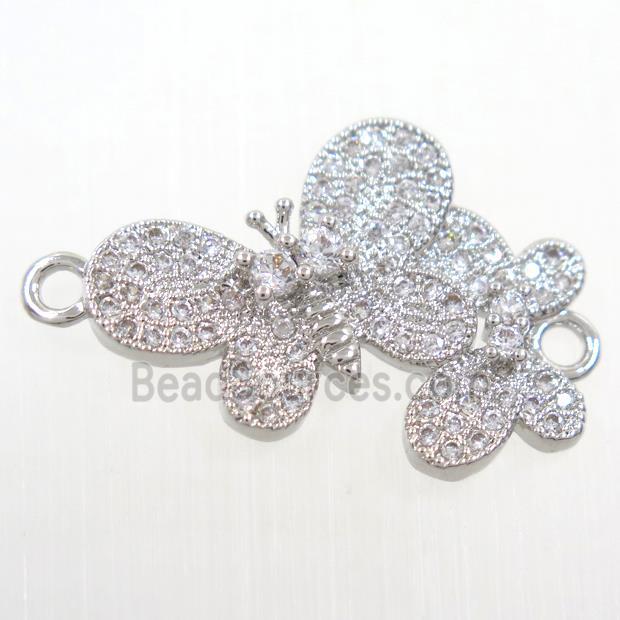 copper Butterfly connector paved zircon, platinum plated