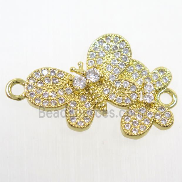 copper Butterfly connector paved zircon, gold plated