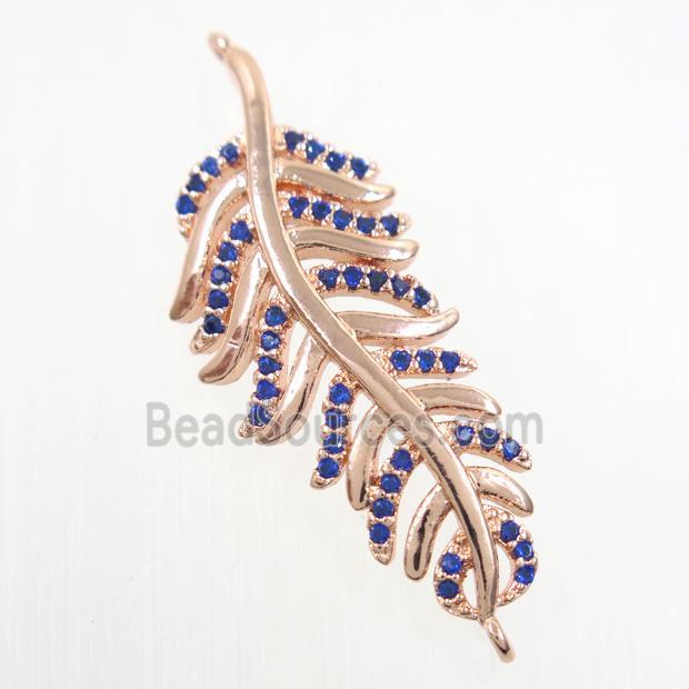 copper Leaf connector paved blue zircon, rose gold