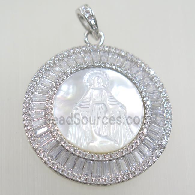 copper circle pendant paved zircon, shell Jesus, platinum plated