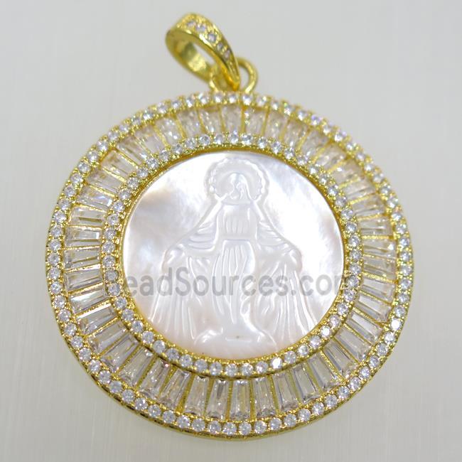 copper circle pendant paved zircon, shell Jesus, gold plated