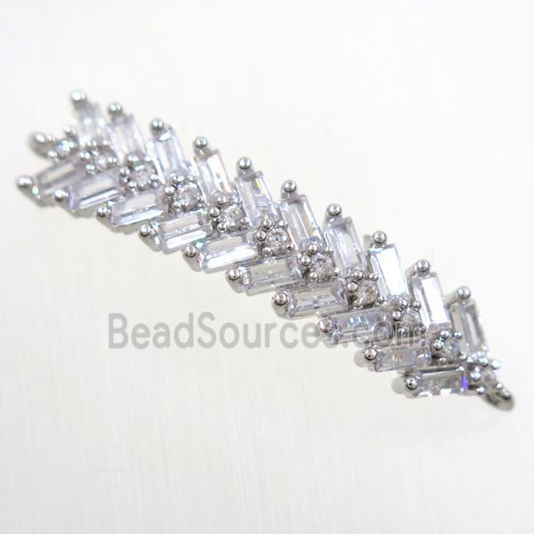 copper Fishbone connector paved zircon, platinum plated