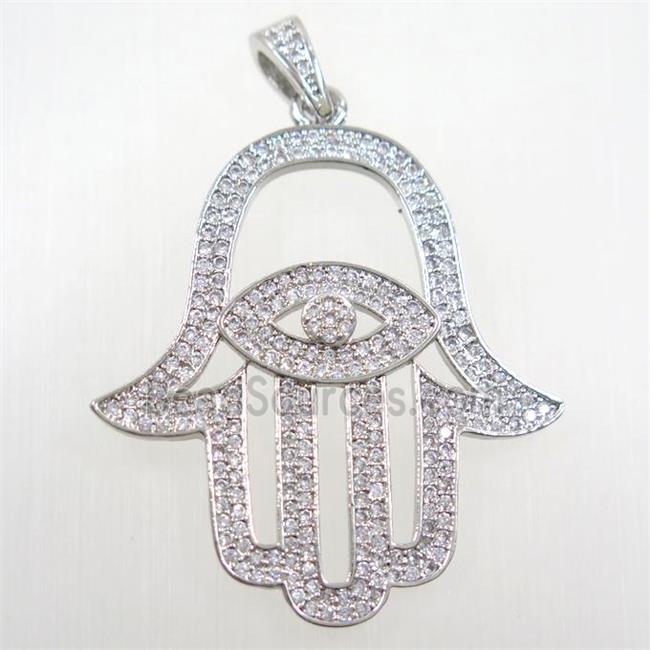 copper Hamsa Hand pendant paved zircon, platinum plated