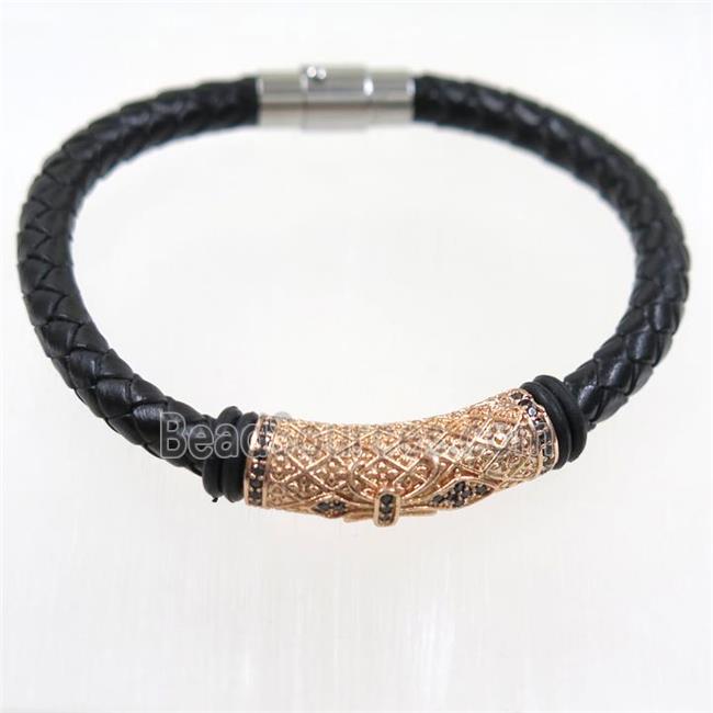 black PU leather cuff bracelet with copper beads pave zircon