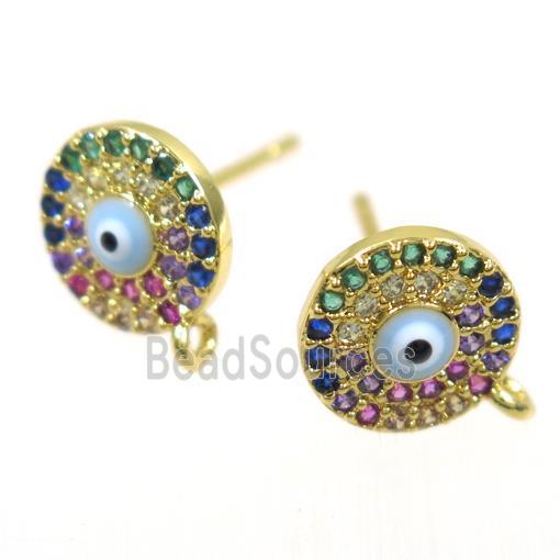 copper Earring Studs paved zircon, evil eye, gold plated