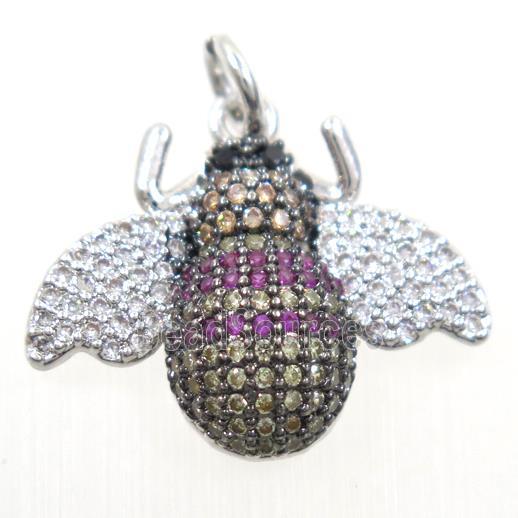 copper Honeybee pendant paved zircon, platinum plated