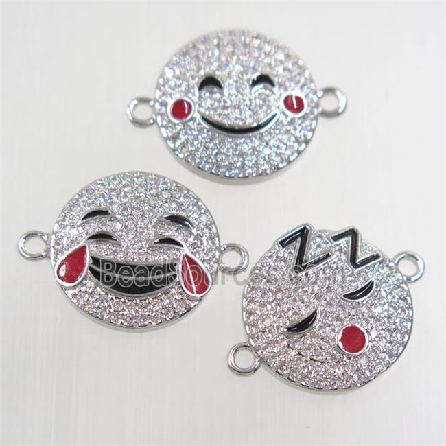 copper Emoji connector paved zircon, smile face, mixed, platinum plated