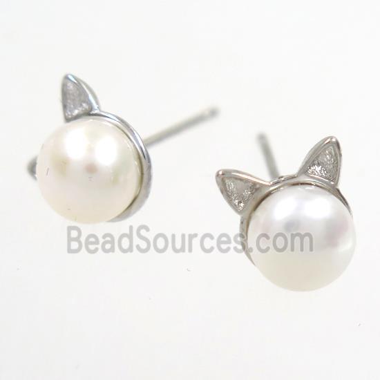 copper earring studs paved zircon, pearl