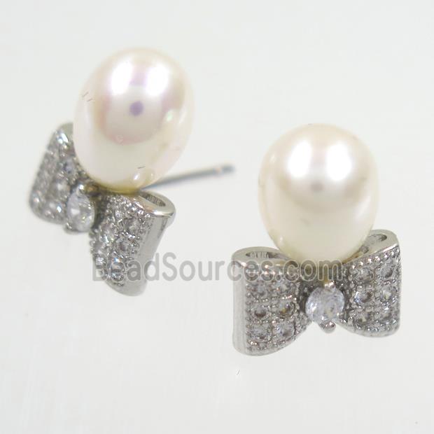 copper earring studs paved zircon, pearl