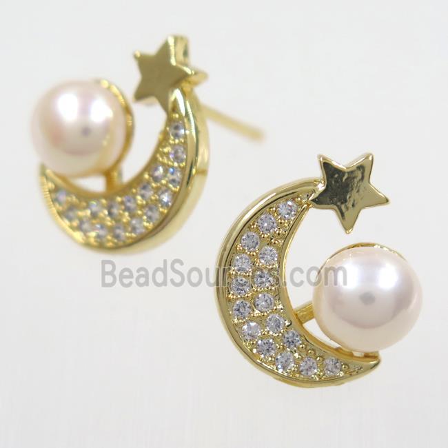 copper earring studs paved zircon, pearl