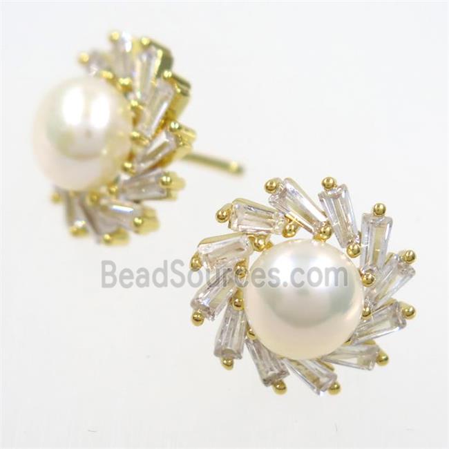 copper earring studs paved zircon, pearl