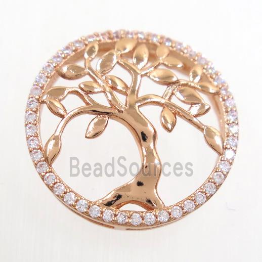 copper circle connector pave zircon, tree of life, rose gold