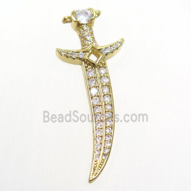 copper knife pendant paved zircon, gold plated