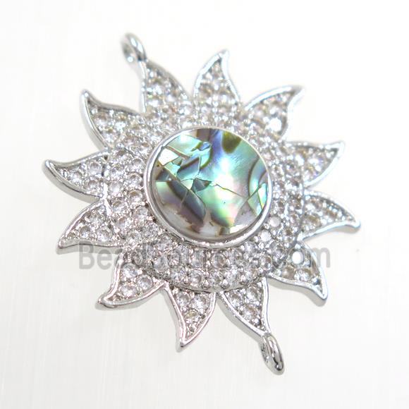 copper sunflower connector paved zircon with abalone shell, platinum plated