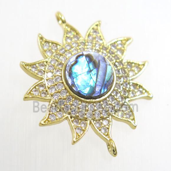 copper sunflower connector paved zircon with abalone shell, gold plated