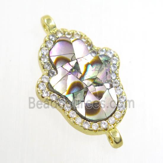 copper hamsahand connector paved zircon with abalone shell, gold plated