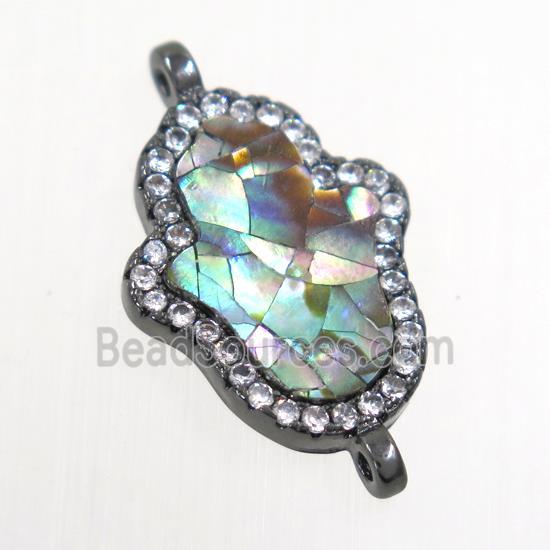 copper hamsahand connector paved zircon with abalone shell, black plated