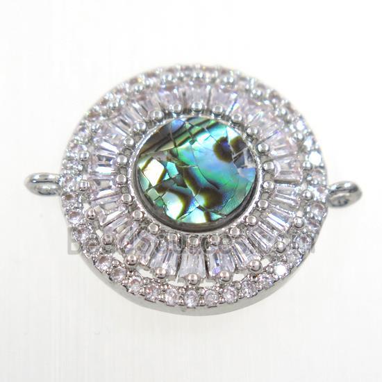 copper circle connector paved zircon with abalone shell, platinum plated