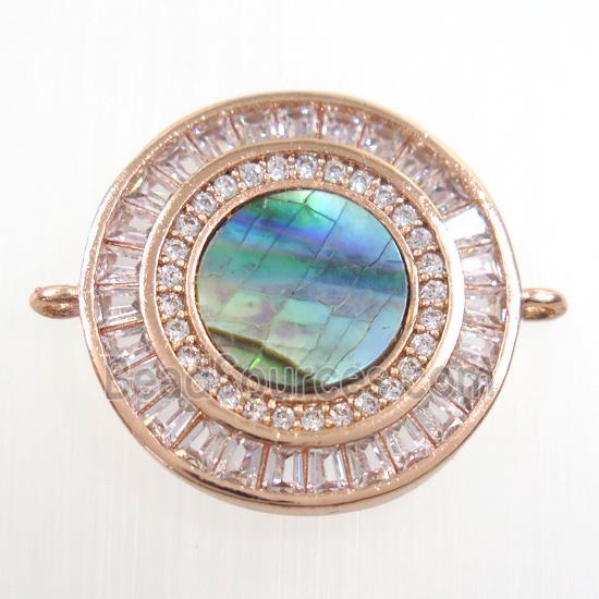 copper circle connector paved zircon with abalone shell, rose gold