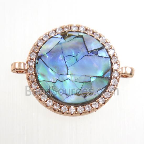 copper circle connector paved zircon with abalone shell, rose gold