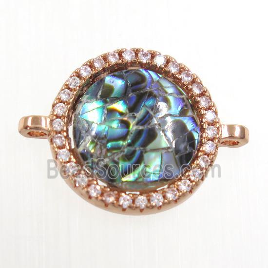 copper circle connector paved zircon with abalone shell, rose gold