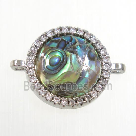 copper circle connector paved zircon with abalone shell, platinum plated