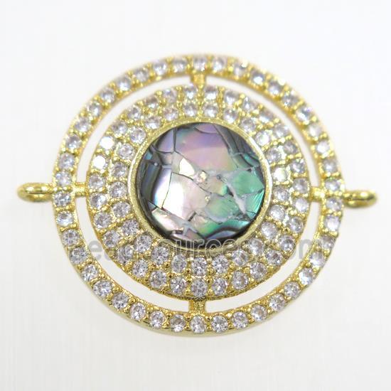 copper circle connector paved zircon with abalone shell, gold plated