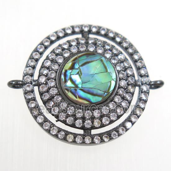 copper circle connector paved zircon with abalone shell, black plated