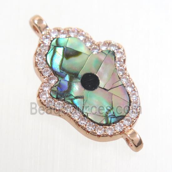 copper hamsahand connector paved zircon with abalone shell, rose gold