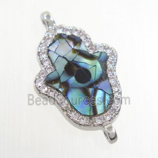 copper hamsahand connector paved zircon with abalone shell, platinum plated