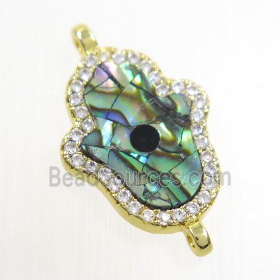 copper hamsahand connector paved zircon with abalone shell, gold plated