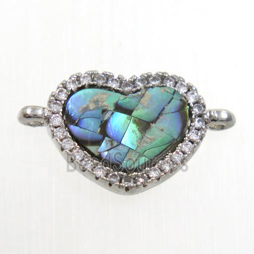 copper heart connector paved zircon with abalone shell, platinum plated