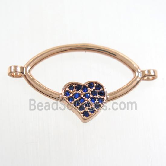 copper oval connector paved zircon with heart, rose gold